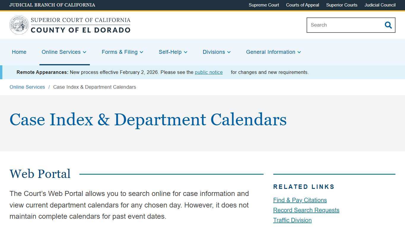 Case Index & Department Calendars Superior Court of California County of El Dorado